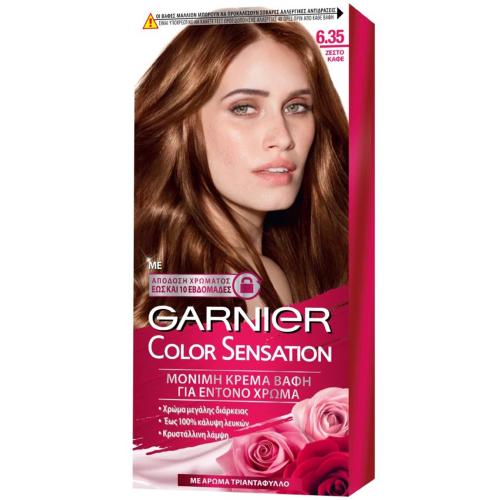 Garnier Color Sensation Permanent Hair Color Kit Μόνιμη Κρέμα Βαφή Μαλλιών με Άρωμα Τριαντάφυλλο 1 Τεμάχιο - 6.35 Ζεστό Καφέ